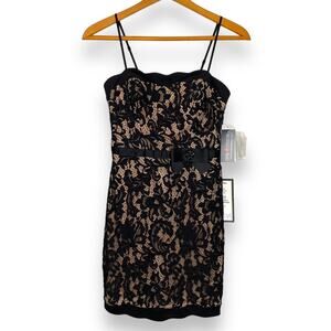 NWT City Studio women's champagne lace overlay satin cocktail dress SZ S